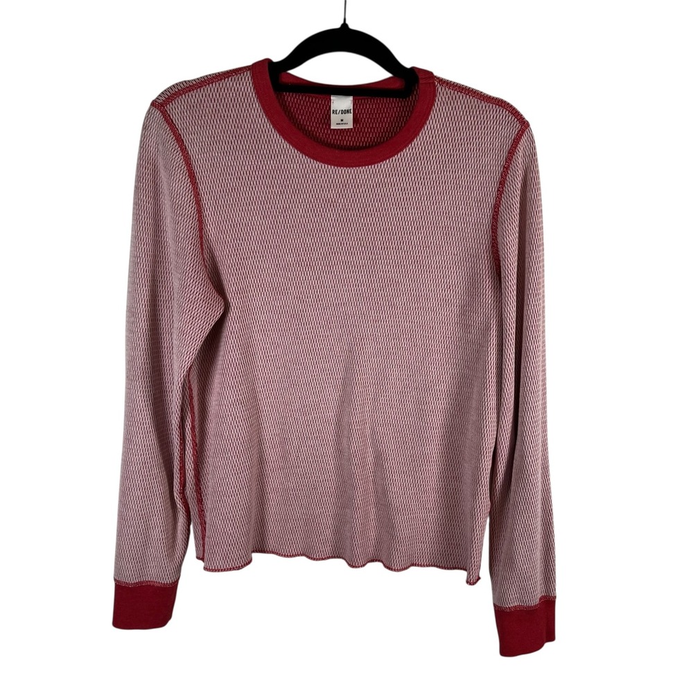 RE/DONE‎ Womens Red White Waffle Knit Thermal Long Sleeve Top Medium Designer